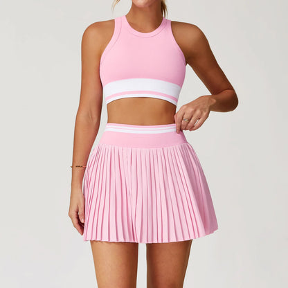 2Pcs Set Tennis Yoga Sportswear Women Glolf Badminton Running Fitness Set Nude Workout Tracksuit Quick Dry Sport Skirts Bra Suit