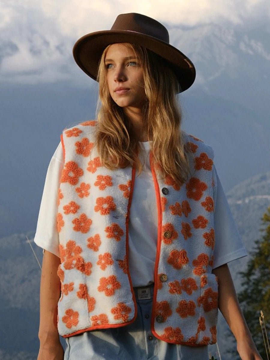 Bornladies Womens Autumn Winter New Fleece Open Front Printed Vest Warm Stylish Loose Chic Sleeveless Jacket