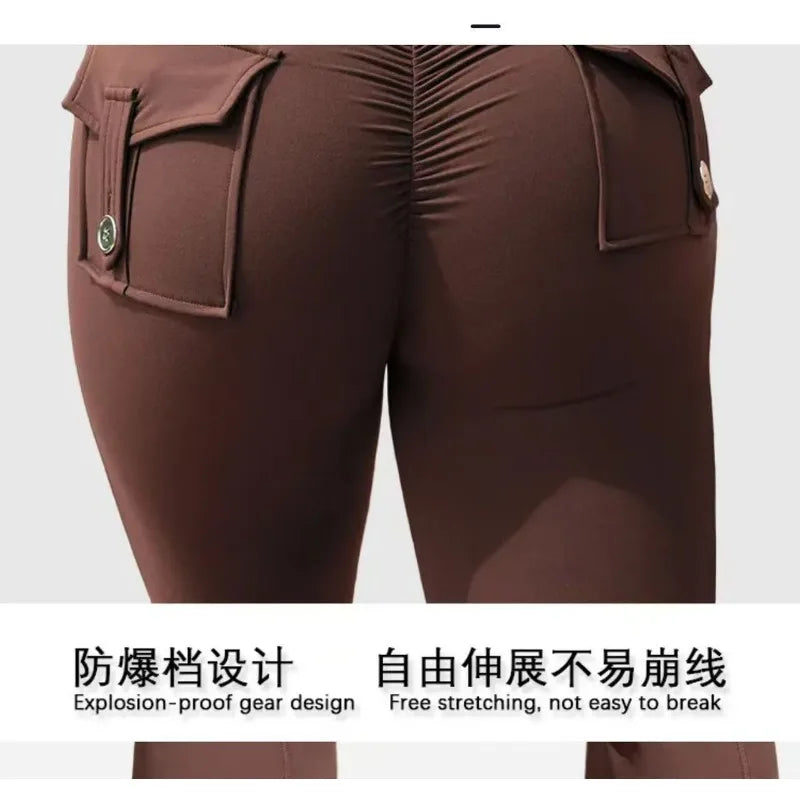 The Latest Women's Wide-leg High-elasticity Yoga Leggings Tooling Pockets Yoga Pants Hip-lifting Sports Fitness Pants Micro