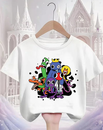 Rainbow friend cartoon pattern boy and girl summer cute round neck fashionable casual short sleeved top