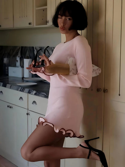 Elegant Bodycon Mini Dress - O-Neck Long Sleeves Ruffles for Party  Streetwear