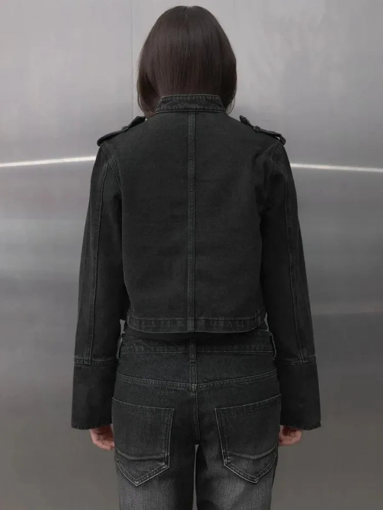 Y2K Retro Hussars Jacket Stand Collar Double Breasted Button Cropped Jacket Napoleon Old Money BLK Denim Jacket Women Boxy Coat