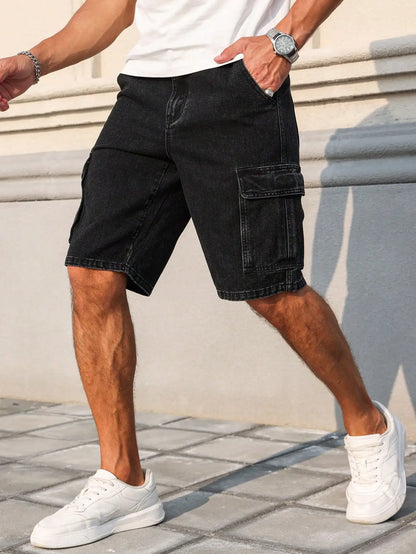 Men's summer denim black shorts. Workwear style. For daily leisure. Creating a trendy street - style look.