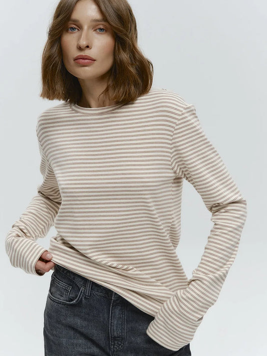 Bornladies Autumn New Fashion Women Cotton Striped Long Sleeve T Shirt Office Casual Simple Round Neck Pullover Tops & Tees