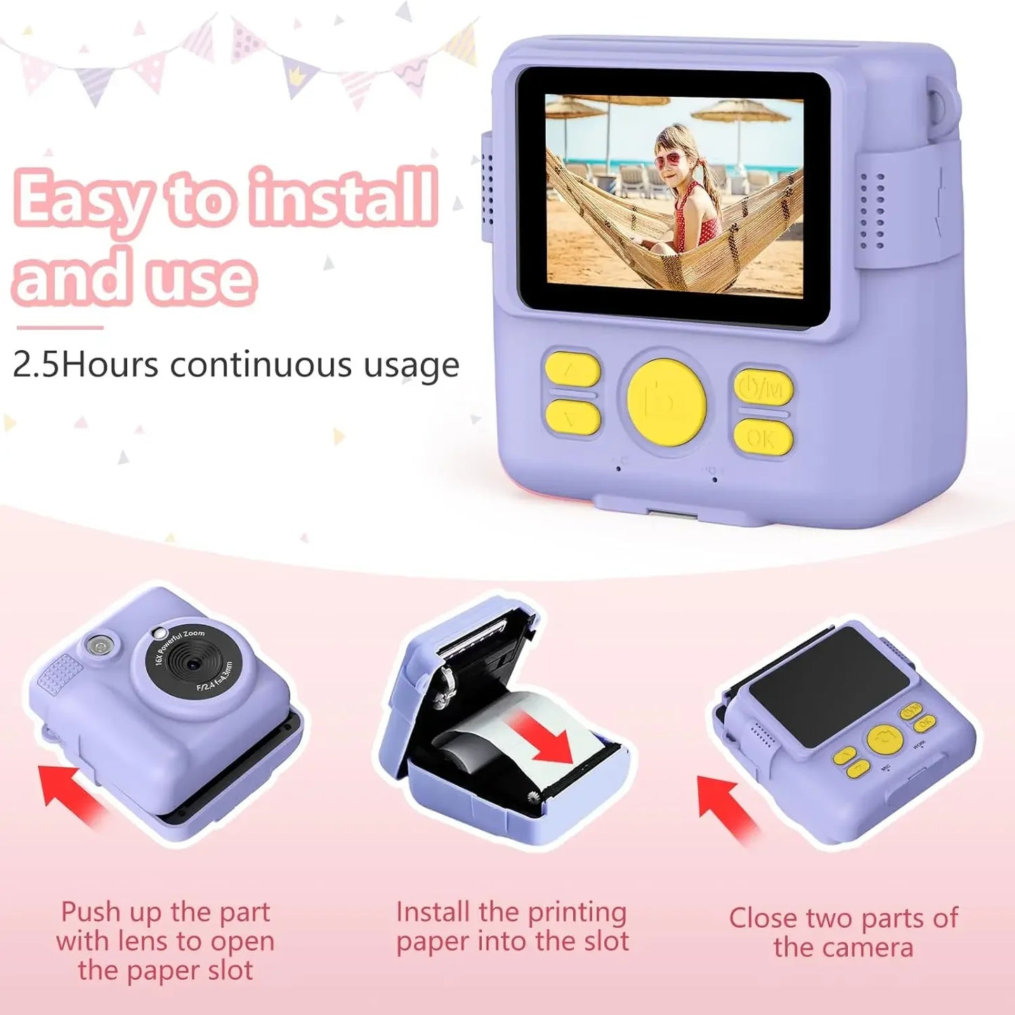 Instant Print Camera - Kids Digital Camera with 1080P HD Video, Waterproof & Shockproof Toy