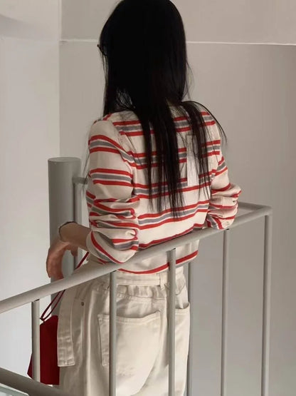 Spring New Classic Striped round Neck Button up Soft Knitted Open Cardigan Fashionable Design Sensation Women's Sweater