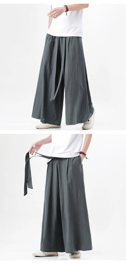 Chinese Style Linen Cotton Retro Pants Man Summer Kimono  Solid Color Traditional Pants Male Streetwear Casual Wide-Leg Trousers