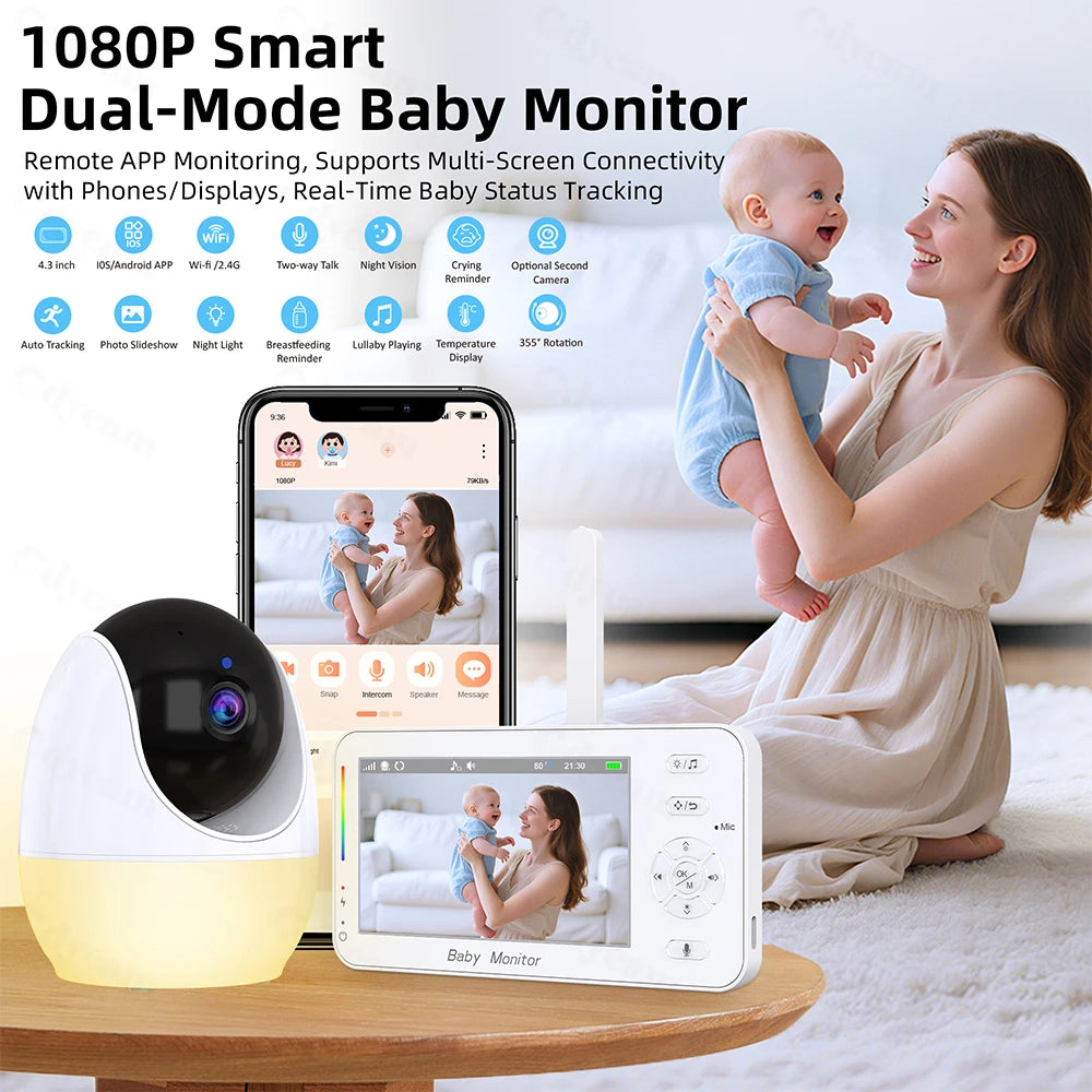 1080P HD WiFi Baby Monitor Phone APP Remote View 4.3" Nanny Night Light VOX HD Night Vision Lullabies Temperature Monitor Camera