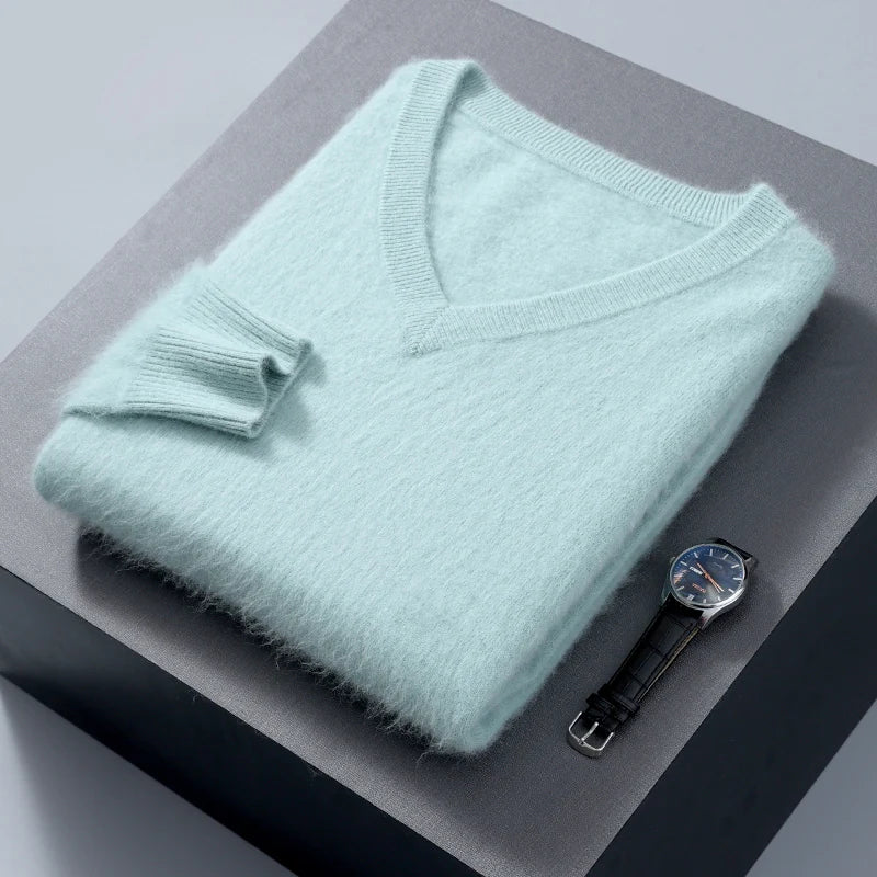 Men's 100% Pure Mink Cashmere Sweater V-neck Pullover Knit Bottoming Shirt Autumn And Winter New Long-Sleeve High-End Mink Tops