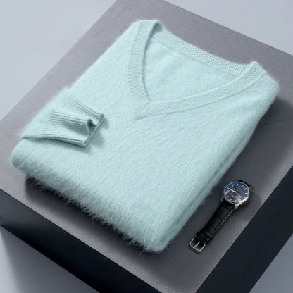 Men's 100% Pure Mink Cashmere Sweater V-neck Pullover Knit Bottoming Shirt Autumn And Winter New Long-Sleeve High-End Mink Tops