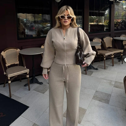 Bornladies 2026 Spring  New Knitted Wo-piece Set Zipper Top High-waisted Elastic Waist Straight Pants Set Mininalist Casual Suit