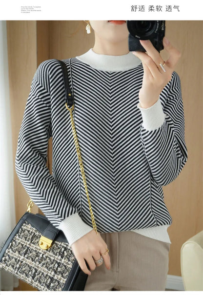 Women's autumn and winter 100% pure cotton knitted semi high neck pullover casual striped warm sweater fashionable hot selling