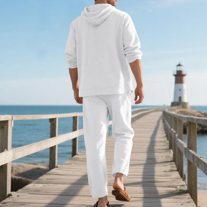 New Spring and Autumn Style Loose Men's Hoodie Set, Linen Material Beach Casual Two-Piece Suit