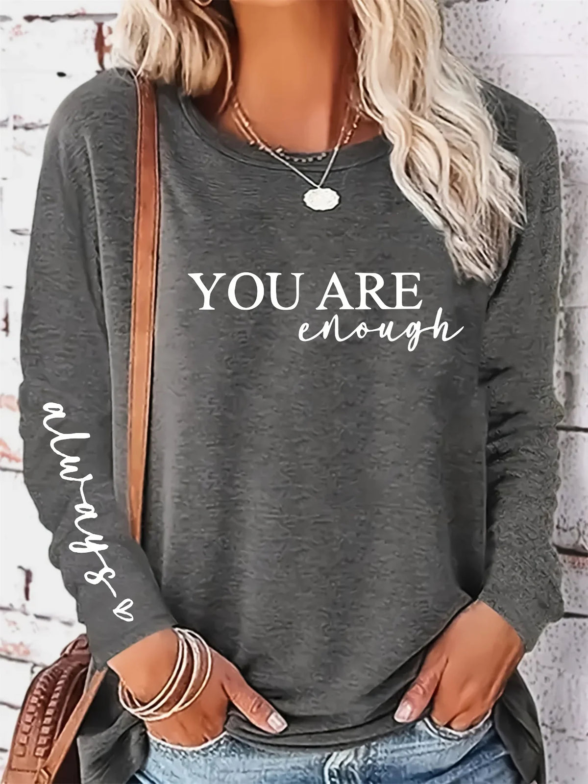 Women's Spring and Autumn 100% Cotton Fashion Casual Loose You Are Enough Printed Round Neck Long Sleeve T-shirt Top