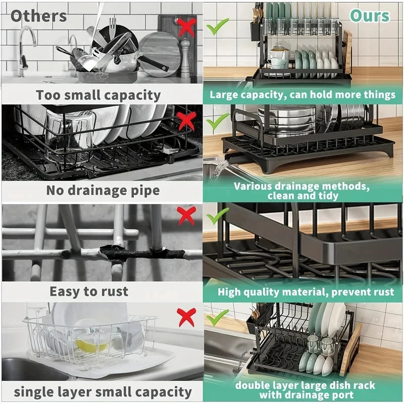 Multifunctional Countertop Dish Rack Kitchen Drain Storage Organizer with Cup Knife Chopsticks Holder New for Home Kitchen Use