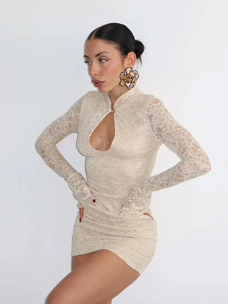 Sexy Lace Mini Dress - Women's Sheath Bodycon Above Knee Dress With Long Flare Sleeves