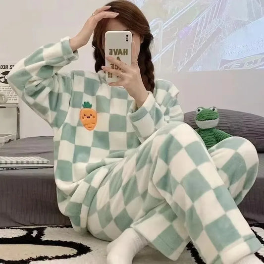 Warm Sleepwear for Winterthickened Plus Size Coral Velvet Pajamas Women Warm Long Sleeve Solid Color Plaid Trousers Home Suit Se
