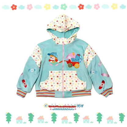 Fleece Lining Cute Cartoon Color Blocking Long Sleeves Zip Up Hoodie Women Winter Sweet Thicken Y2k Aesthetic Sweatshirt