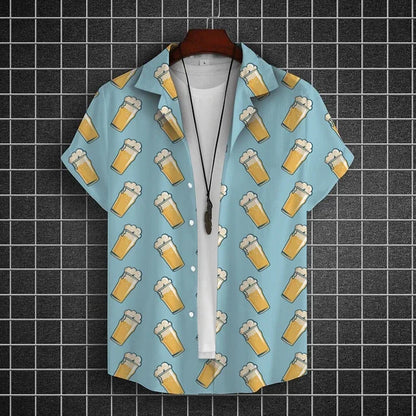 Hawaiian Shirt For Men 3d Beer Printed Short Sleeve Shirts Party Tees Summer Casual Tops Loose Oversized Clothing