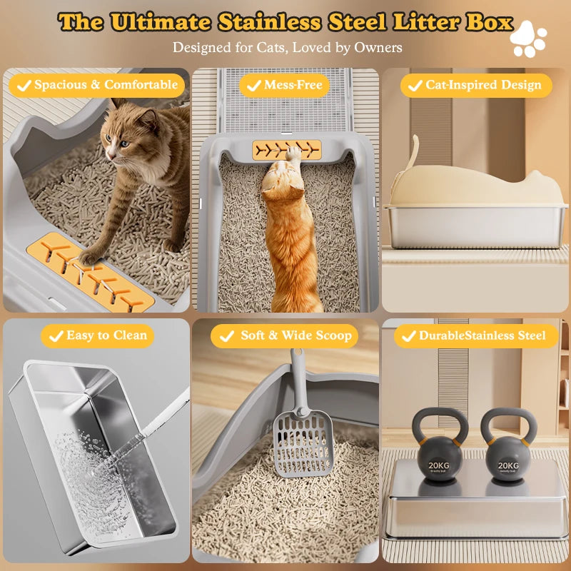 XL Stainless Steel Cat Litter Box with Lid - Easy Clean Odor-Free Anti-Leakage - ZOOMNSTORE