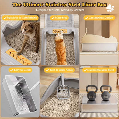 XL Stainless Steel Cat Litter Box with Lid - Easy Clean Odor-Free Anti-Leakage - ZOOMNSTORE