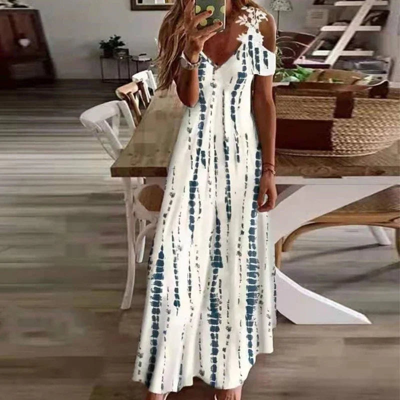 Women's Summer Dress - Sleeveless Printed White Lace Floor-Length Suspender Dress