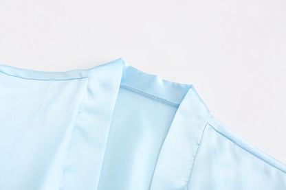 Light Blue Women's Satin Robe Short Kimono for Bride & Bridesmaid With White Letter, Wedding Party Robes