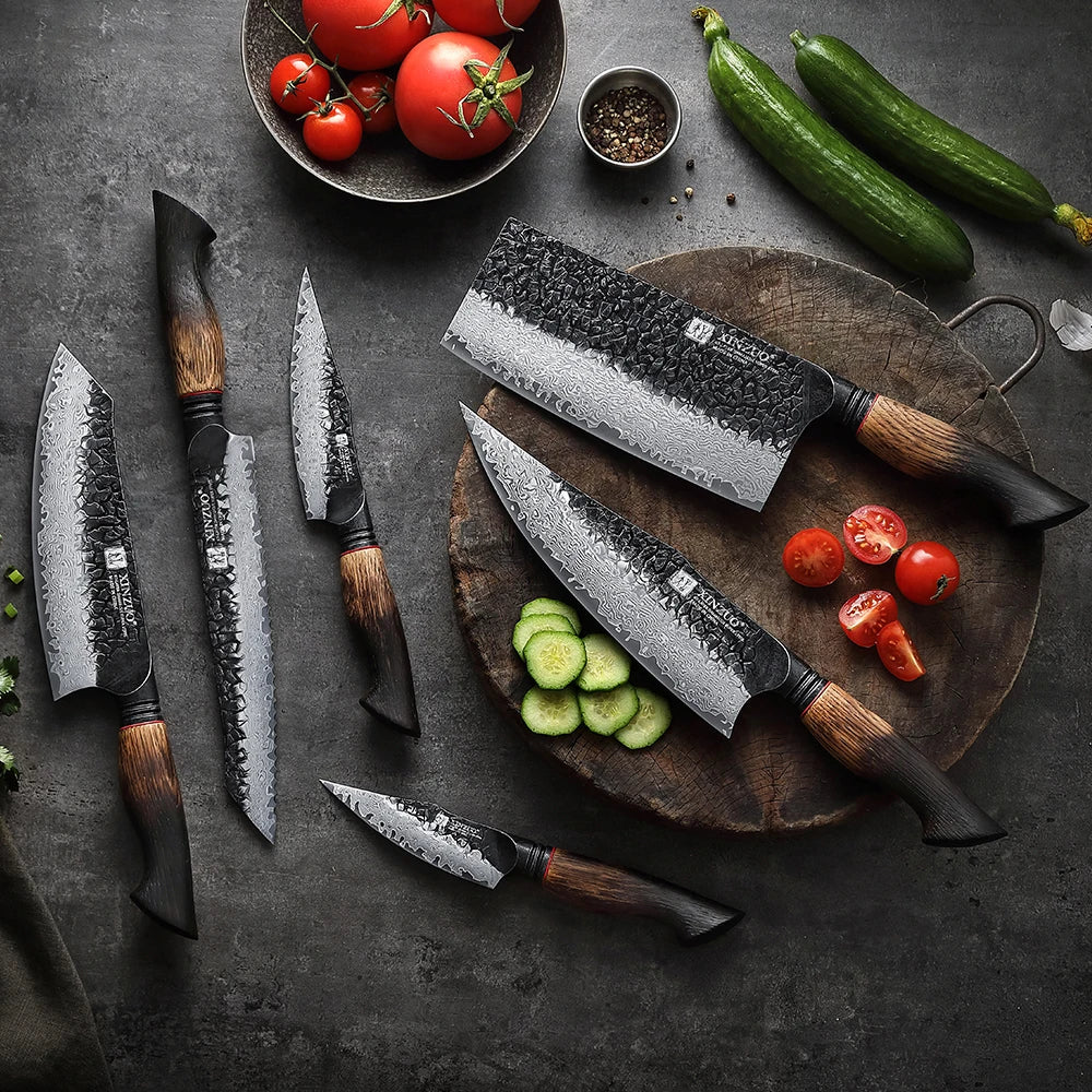 Damascus Knife Set - 67-Layer Steel with White Oak  Red G10 Handles 1-6 Pieces