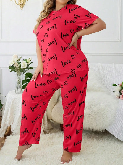Women's Plus Size Sleepwear Heart Letters Print Pajama Set Casual Short-Sleeve Top and Pants Comfortable Relaxed Fit Loungewear