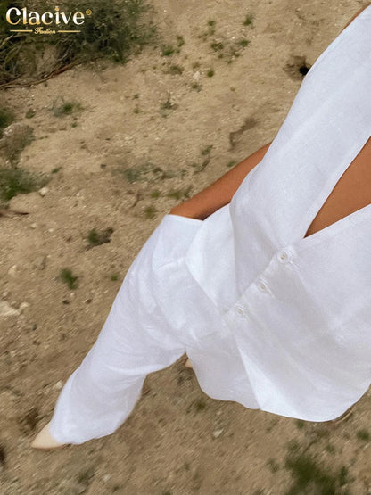 Clacive Summer White Linen Two Piece Set For Women 2023 Fashion Sleeveless Tank Top New In Matching High Waist Wide Pants Set