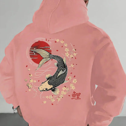 Men's Pullover Hoodie with Japanese Koi, Cherry Blossom and Chinese Character (koi) Design, Loose-fitting Casual Sweatshirt.