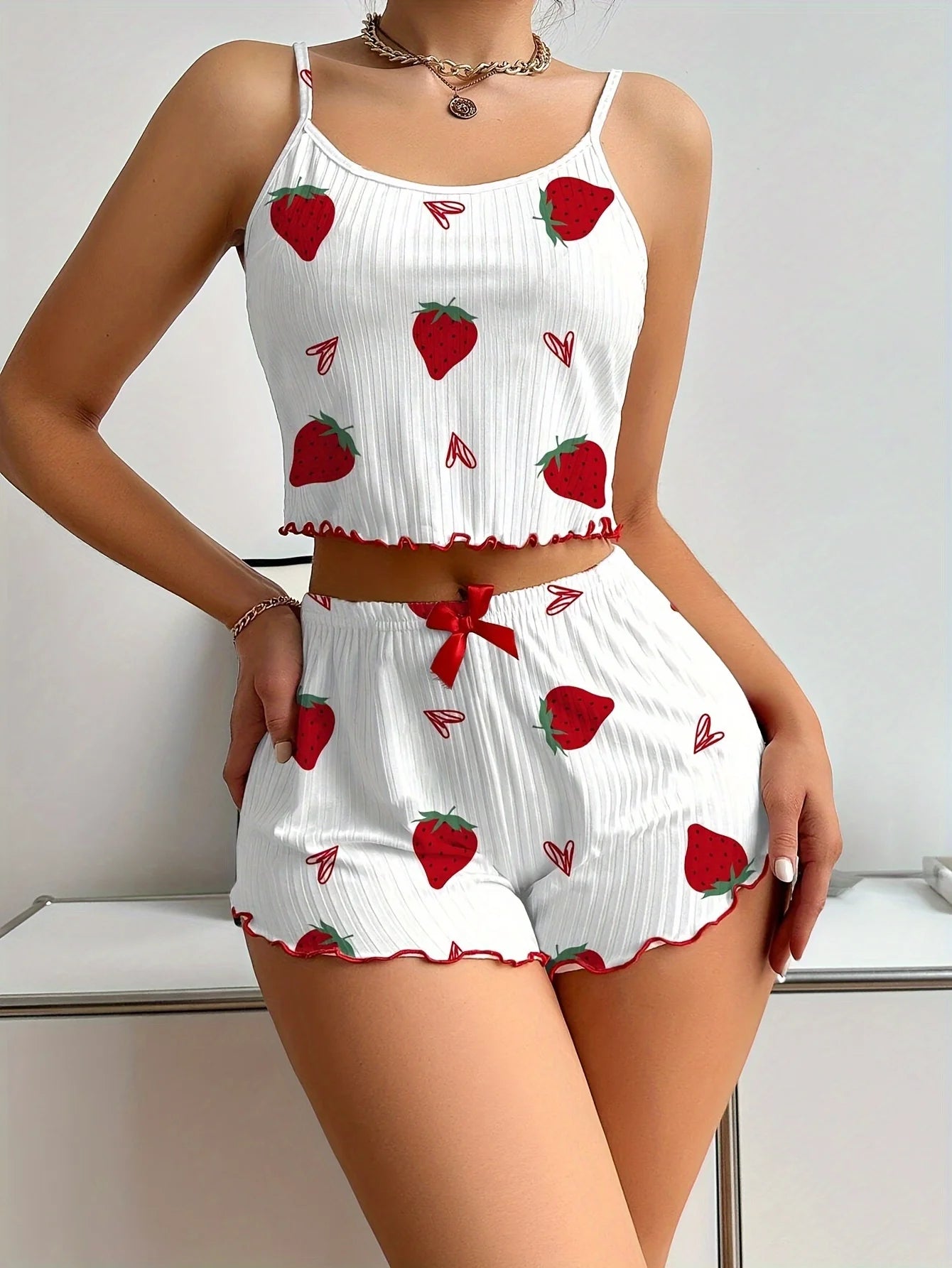 New Strawberry Print Sleepwear Set Women's Ribbed Pajamas with Hearts & Bow Soft Comfy Lounge Set with Shorts Cute Summer PjGift