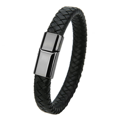 Mibrow Braided Black Leather Men Bracelet 10x5 12x6mm Size Fashion Metal Magnetic Clasp Wrap Bracelets Punk Charm Men Jewelry