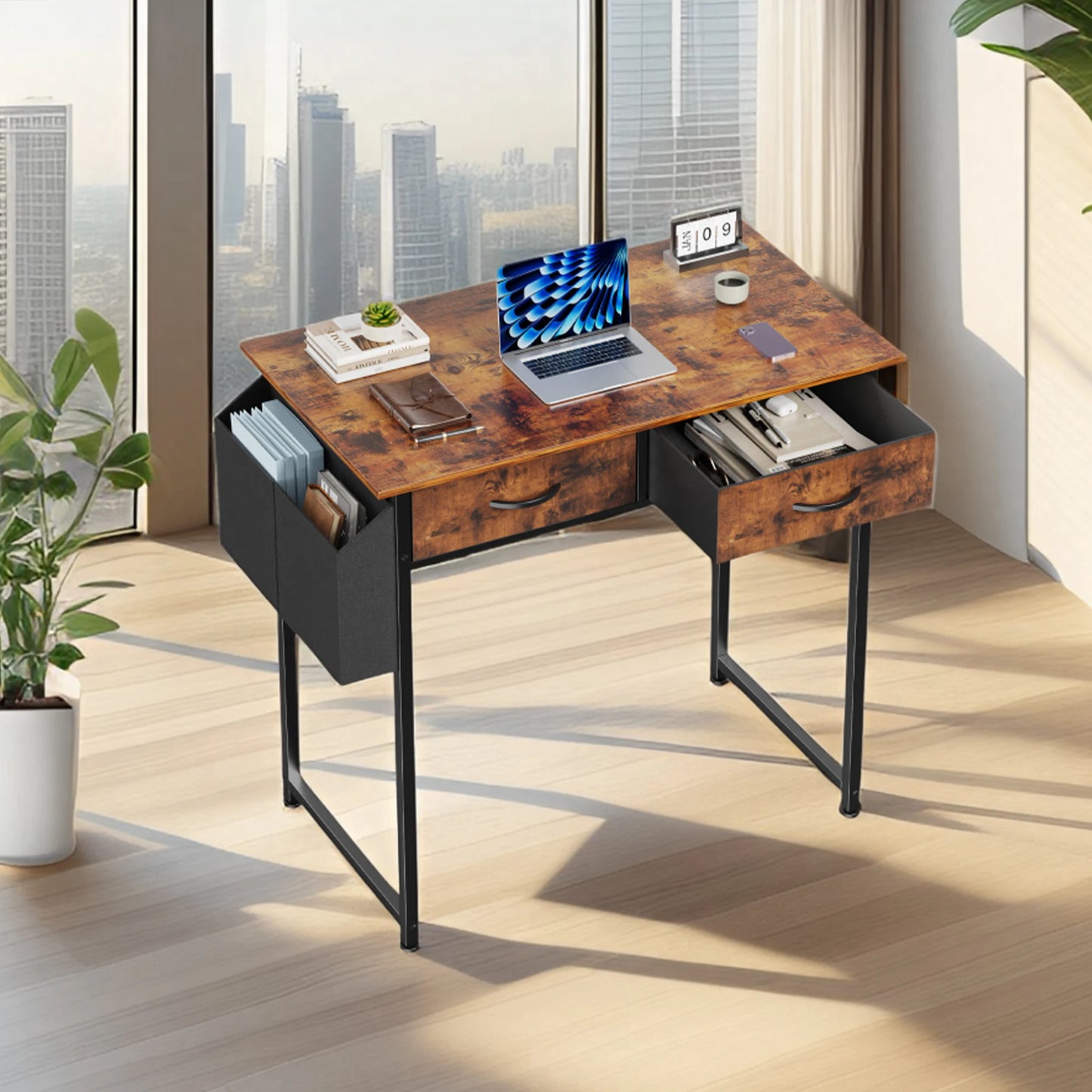 Modern Office Desk – Computer Desk with Storage Drawers, Metal Frame & Adjustable Feet