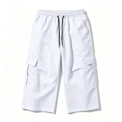 2026 New Men Multi Pocket Cargo Capri Shorts Loose Fit Daily Street Travel Outdoor Casual Drawstring Waist Cropped Short Pants