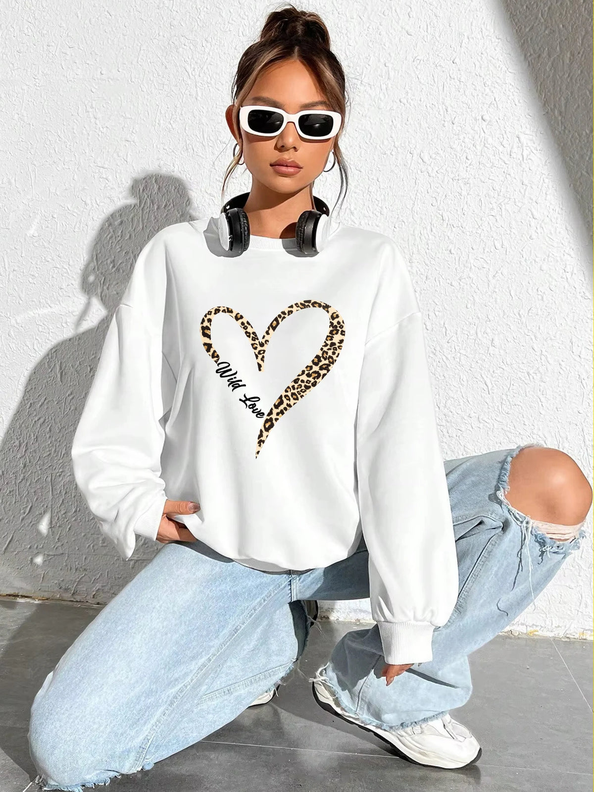 Leopard Wild Heart Pattern Print Female Sweatshirt Street Fur-Liner Pullovers Hipster Clothing All-Match Crewneck Tracksuit