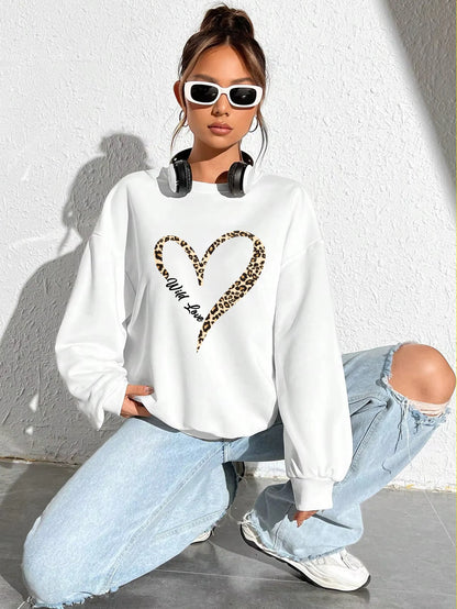 Leopard Wild Heart Pattern Print Female Sweatshirt Street Fur-Liner Pullovers Hipster Clothing All-Match Crewneck Tracksuit