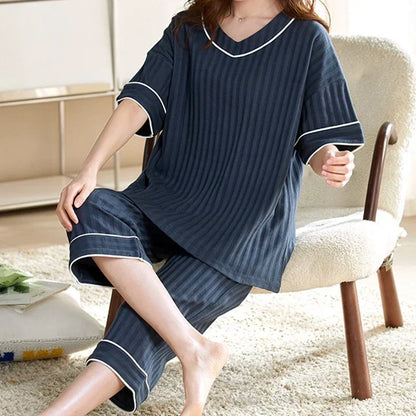 Summer Capris Pajamas for Women Plus Size 5XL Woman Causal Pajama Sets Cartoon Lapel Pijamas Cute Girl Soft Cotton Sleepwear