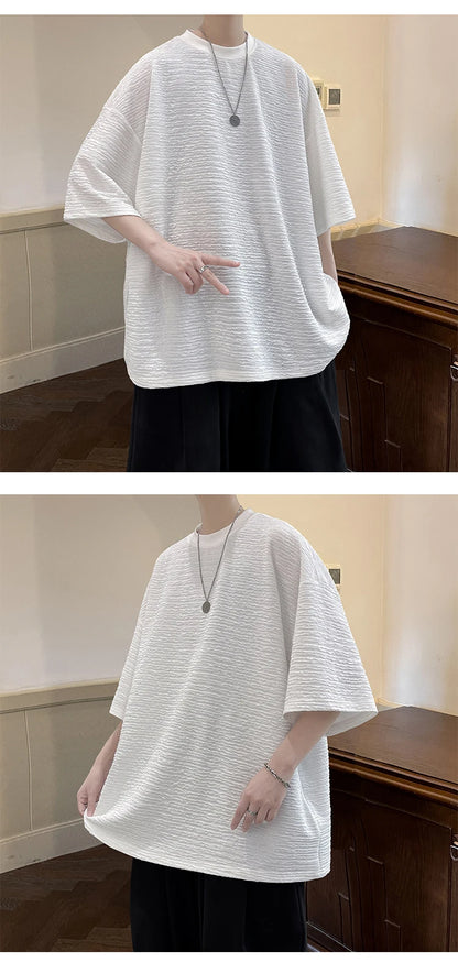 Summer Striped Texture T Shirt Men Korean Style Short Sleeve Loose  Fashion Casual Easy-care Tshirt Oversized Tops White/Black