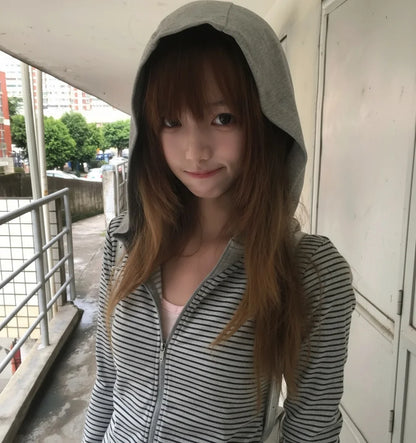 Tonngirls Y2k Japanese Hoodies Women Long Sleeve Striped Sweatshirt Streetwear American Striped Hoodies With Zipper E-girls