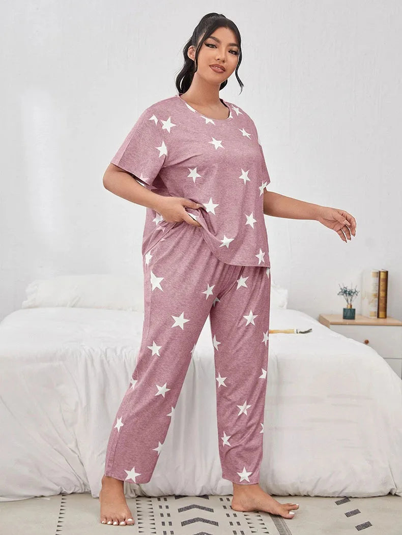 5XL Big Size Pajamas For Women Summer Autumn Faux Cotton Pajama Set  Short Sleeved Casual Loose Luxury Print Sleepwear Pijama