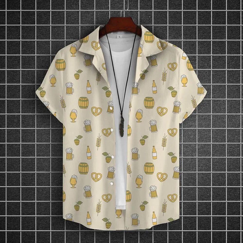 Hawaiian Shirt For Men 3d Beer Printed Short Sleeve Shirts Party Tees Summer Casual Tops Loose Oversized Clothing