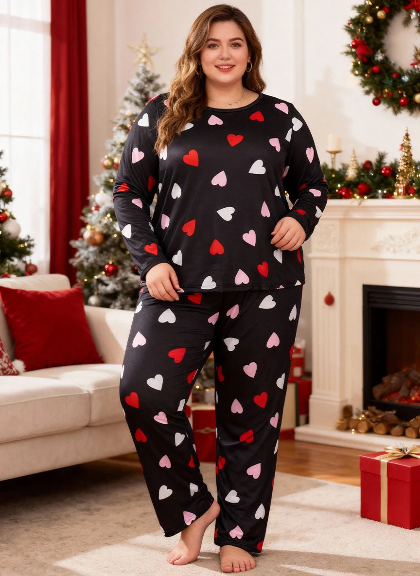 Autumn and winter plus-size women's Valentine's Day long-sleeved top with heart print + long pants pajamas home wear set