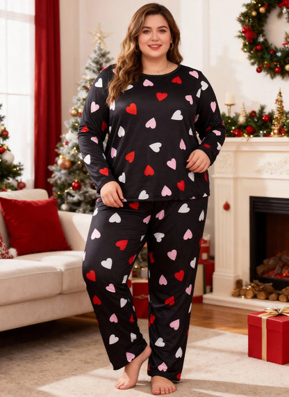 Autumn and winter plus-size women's Valentine's Day long-sleeved top with heart print + long pants pajamas home wear set