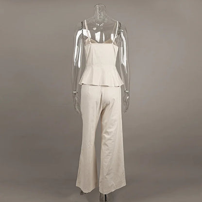 Mueyaruho Women 2026 Summer Office Pant Set Suits Solid Beige Outfits 2 Two Piece Wide Leg Matching Set For Women