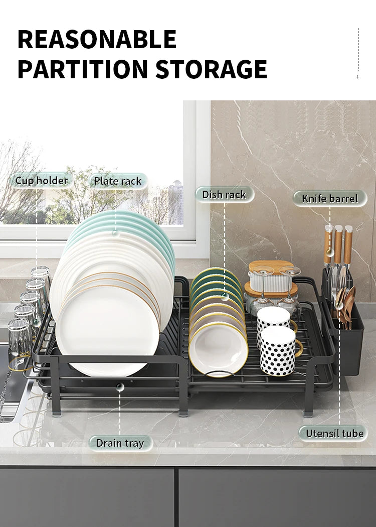 Expandable Dish Drainer - Adjustable Kitchen Rack with Drainboard, Utensil & Cup Holder
