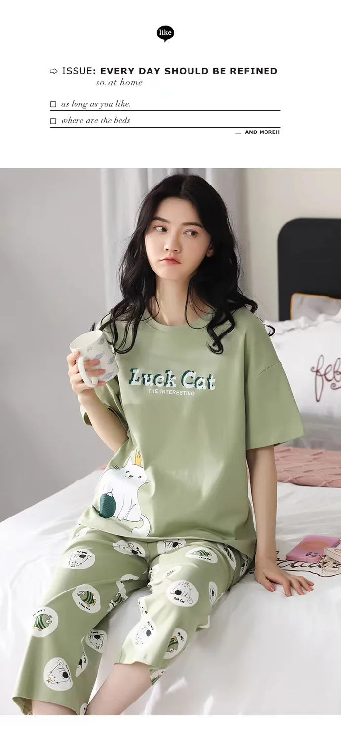 Women Pajamas Sets Plus Size Summer Silk Sleepwear Ladies Thin Short-Sleeved Seven Pants O-Neck Casual Cat Home Wear Night Wear