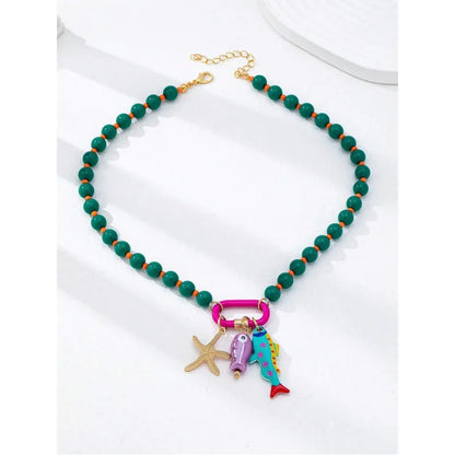 1pc Summer Beach Multi-Layer Resin Beaded Necklace, Colorful Fish & Starfish Charms, Boho Jewelry for Vacation & Beach Party