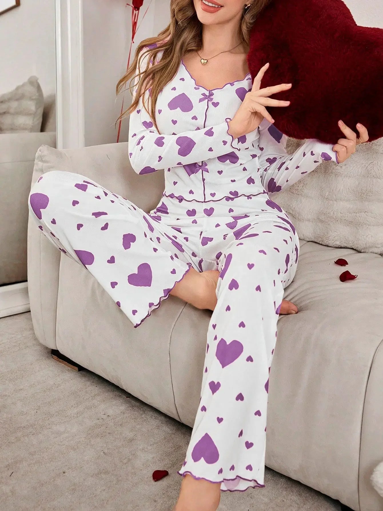 Pajamas 2 Piece Sets Women Sleepwear Loungewear Suit Top Pants Heart Print Bow Trousers Autumn Ensemble Nightwear Outfits