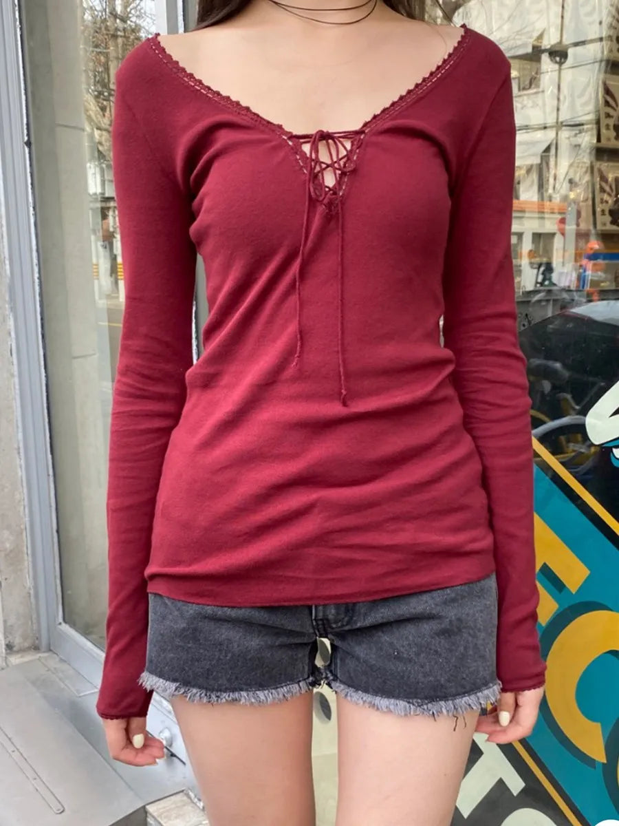 Beige Lace Trim Long Sleeve Tees Women Autumn New Streetwear Cotton Slim Sexy V-neck Lace-up Tops Sweet Simple Chic T-shirts Y2K